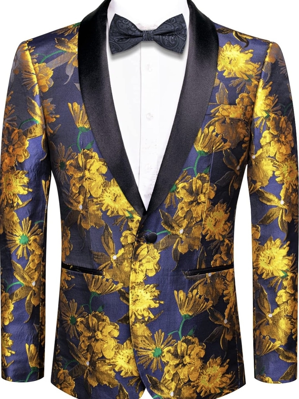 Navy & Gold Floral Shawl Lapel Tuxedo Blazer